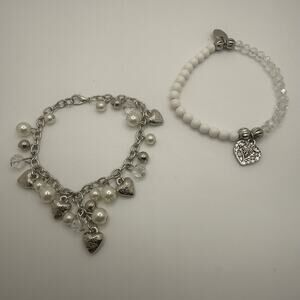 Two Silver Tone Bracelets Heart‎ Charm Dangle Tennis 7” Beaded Stretch 7”+